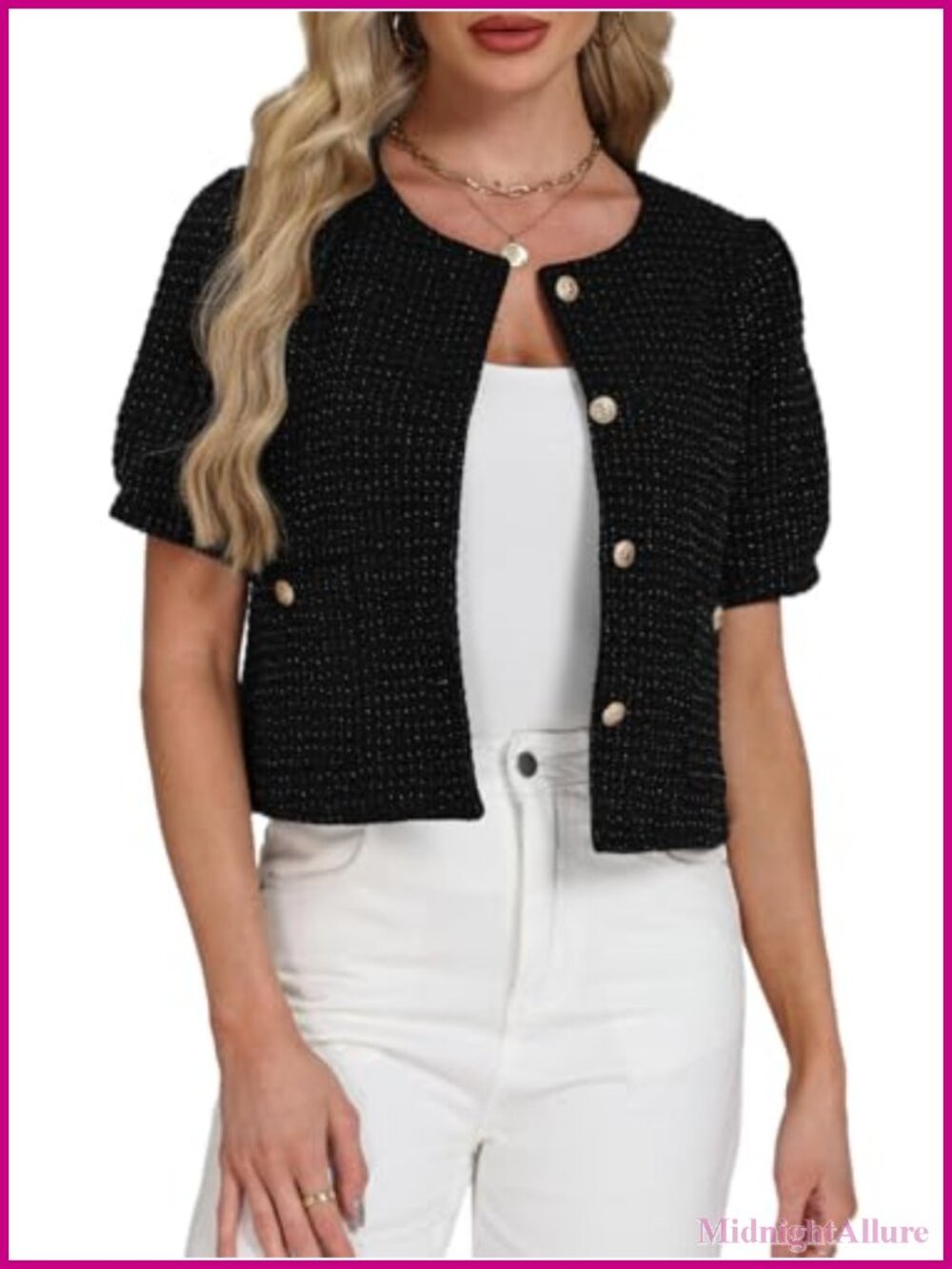 Tweed Blazer Jacket Cropped Puff Short Sleeve Collarless Work Coat Pockets